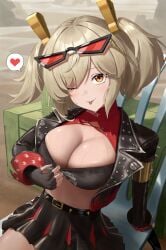 1girls ;p absurdres belt black_belt black_gloves black_jacket black_shirt black_skirt blonde_hair breasts burnice_white chair cleavage collar commentary_request crop_top eyewear_on_head female fingerless_gloves gloves heart high-waist_skirt highres jacket large_breasts looking_at_viewer midriff on_chair onakaitai_ne one_eye_closed open_clothes open_jacket orange-tinted_eyewear orange_eyes partial_commentary red_collar shirt short_hair sitting skirt solo speech_bubble spoken_heart sweat tinted_eyewear tongue tongue_out twintails zenless_zone_zero