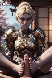 1boy 1boy1girl 1girls ai_generated architecture armor artist_name baldur's_gate baldur's_gate_3 barefoot blonde_hair blurry blurry_background breastplate cherry_blossoms clothed_female_nude_male dark_elf dungeons_and_dragons east_asian_architecture elf erection feet female footjob hair_bun hi_res larian_studios looking_at_viewer male minthara nose nude outdoors patreon_username penis pointy_ears pov r34arts red_eyes shoulder_armor sitting solo_focus straight toes twitter_logo two-footed_footjob uncensored veins watermark web_address