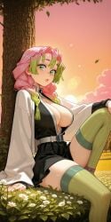 1girls ai_generated belt breasts center_opening cleavage cloud demon_slayer female field flower green_eyes green_hair green_legwear hand_on_knee kimono large_breasts leaf leaning_on_object leaning_on_tree long_sleeves looking_at_viewer mitsuri_kanroji multicolored_hair one_knee_up outdoors parted_lips perfect_body pink_hair relaxed robe sandals sexy sitting skinny solo stockings sunset tree tri_tails twintails