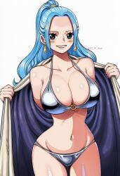 23_ai_illust ai_generated artist_name big_ass big_breasts bikini blue_hair blush gray_eyes large_hips long_hair looking_at_viewer nefertari_vivi one_piece poney_tail seductive sexy white_background