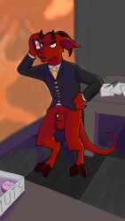 animal_genitalia anthro bottomless bovid business_suit caprine casual_exposure cellphone claws clothed clothing demon electronics frown fur genitals goat hi_res hooves horn lipsticking lwmoon male mammal penis phone red_body red_fur scowl sheath solo suit yellow_eyes yellow_penis