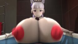 2025 3d 3d_animation bath bathing bathing_together bathtub bathtub_sex big_areola big_breasts blush breasts breasts_bigger_than_head dark-skinned_male dark_skin female gold_ship_(umamusume) horse horsegirl hyper_breasts interracial interspecies ironhawk light-skinned_female light_skin male male/female paizuri paizuri_lead_by_female red_areola running_water sfm sound tagme tub umamusume umamusume_pretty_derby video white_hair