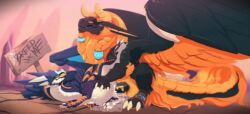 blue_eyes breathing_fire burning charizard fire flame gloves horns jack-o'-lantern molten_rock orange_headwear raihan_(pokemon)