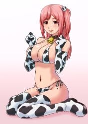 animal_print bell bell_collar big_breasts bikini boots breasts brown_eyes cleavage collar commentary_request cow_print cow_print_bikini cow_print_gloves cow_print_thighhighs cowbell dead_or_alive dead_or_alive_5 elbow_gloves female full_body gloves goriate hair_ornament honoka_(doa) large_breasts long_hair looking_at_viewer micro_bikini neck_bell one_side_up pink_hair platform_boots print_bikini print_gloves print_thighhighs red_eyes side-tie_bikini_bottom side_ponytail sitting solo strap_gap swimsuit thigh_boots thighhighs wariza