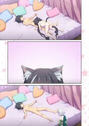 1boy 2girls absurdres after_sex animal_ear_fluff animal_ears backboob black_hair black_tail bow breasts cat_ears cat_girl cat_tail censored completely_nude female full_body grey_hair hair_over_eyes hairbow head_out_of_frame heart heart-shaped_pillow highres implied_fellatio indoors karyl_(princess_connect!) kokkoro_(princess_connect!) long_hair low_twintails lying male midorinocha mosaic_censoring multiple_girls nude on_back penis pillow princess_connect! purple_bow short_hair shoulder_blades split_screen standing straight tail twintails very_long_hair yuuki_(princess_connect!)