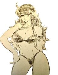 1girls athena_(series) bike_shorts bikini breasts cleavage confident female hand_on_hip highres large_breasts legs long_hair looking_at_viewer misodiru monochrome navel pose posing princess_athena seductive_look seductive_smile sensual sexy sexy_pose shield sketch skirt smile snk solo swimsuit thighs thong_bikini toned traditional_media voluptuous