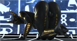 2018 3d 5_toes all_fours anthro anubian_jackal ass azentaru_(r-a-s-p) balls big_butt black_skin bubble_butt canine deity feet glowing glowing_eyes gold_markings hi_res jackal licking licking_lips looking_at_viewer looking_back male male_only mammal nude on_ground penis presenting presenting_hindquarters r-a-s-p_(artist) rear_view toes tongue tongue_out watermark yellow_eyes