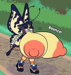 antennae_(anatomy) anthro areola arthropod arthropod_abdomen big_areola big_breasts black_hair blue_eyes bouncing_breasts breasts butterfly clothing exposed_breasts eyewear female footwear gesture glasses hair hi_res huge_areola huge_breasts hyper hyper_breasts insect_wings insects legwear lepidopteran lepidopteran_wings motion_lines nipples outside pattern_clothing pattern_legwear pink_nipples puffy_nipples shirt shoes solo sound_effects sprucy stockings striped_clothing striped_legwear stripes topwear walking waving wings yellow_body
