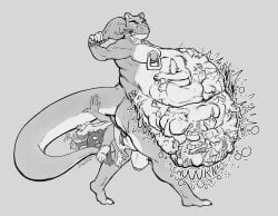 absurd_res almost_fully_inside anal anal_vore anthro anus balls belly big_balls big_belly big_penis body_in_anus body_outline bone bottler digestion digestion_noises eating eating_food face_imprint fat_folds fatal_vore feet_first food genitals hand_imprint hi_res huge_belly hyper hyper_belly imprint male male_pred mammal many_prey_at_once many_prey_same_hole mass_vore meat multiple_prey muscular mustelid nipple_piercing nipples otter partially_inside penis piercing puffy_anus skull struggling struggling_prey teeth_showing turkey_meat unwilling_prey vore walking