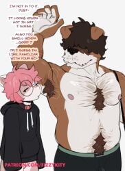 anthro armpit_fetish armpit_hair biped black_clothing black_hoodie black_topwear body_hair brown_body brown_fur brown_hair bulge canid canine canis chest_hair chest_tuft clothed clothing detailed_bulge domestic_cat domestic_dog drew_(fizzykity) eyewear felid feline felis femboy fizzykity front_view fur glasses gym_bag hair hair_over_eyes hi_res hoodie male mammal manly mia_(fizzykity) musclegut muscular muscular_anthro muscular_male pink_hair raised_hand round_glasses size_difference standing tail topwear tuft underwear underwear_only wearing_glasses