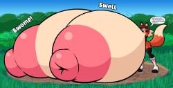 absurd_res anthro areola big_areola big_breasts blush breast_expansion breasts breasts_on_ground brown_hair canid canine clothing countershading expansion female fox fox_tail fur hair hi_res huge_areola huge_breasts hyper hyper_breasts legwear mammal motion_lines multicolored_hair nipples nude orange_body orange_fur outside pink_nipples puffy_nipples red_fox solo sound_effects speech_bubble sprucy stockings tan_body tan_countershading true_fox two_tone_hair two_tone_tail