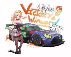 2024 absurdres bare_shoulders black_leotard black_shoes black_thighhighs blue_eyes bowsette breasts car claw_pose cleavage clothes_around_waist collarbone commentary congratulations covered_navel crown english_commentary female fire funkygarage garter_straps grey_sweater gt hair_behind_ear high_heels highres horns imsa imsa_sportscar_championship leotard mario_(series) mercedes-benz mercedes-benz_amg_gt michelin michelin_man motor_vehicle motul_(company) new_super_mario_bros._u_deluxe open_mouth pointy_ears ponytail race_vehicle racecar rolex_24 shadow shoes smile solo spiked_anklet spoiler_(automobile) super_crown sweater sweater_around_waist texas_flag thighhighs vehicle_focus white_background winward_racing