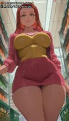 1girls ai_generated artist_name atom_eve black_panties breasts collarbone curvy female forehead from_below green_eyes holding indoors invincible invincible_(comics) invincible_(tv_series) jacket jewelry large_breasts long_hair long_sleeves looking_at_viewer looking_down miniskirt necklace open_clothes open_jacket panties pantyshot parted_lips patreon_logo patreon_username pink_jacket pink_skirt red_hair shelf shirt shop shopping shopping_cart skirt smile solo standing thick_thighs thighs totalsaki underwear web_address yellow_shirt