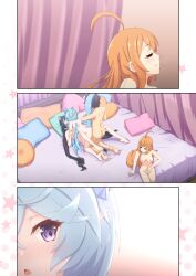 1boy 3girls absurdres ahoge all_fours animal_ears ass black_hair black_tail blue_tail blue_wings blush brown_hair cat_ears cat_girl cat_tail closed_eyes closed_mouth diamond-shaped_pupils diamond_(shape) doggy_style dragon_girl dragon_tail dragon_wings female ffm_threesome grabbing_another's_tail group_sex heart heart-shaped_pillow highres indoors karyl_(princess_connect!) long_hair low_twintails lying male midorinocha multiple_girls on_back on_bed pecorine_(princess_connect!) pillow princess_connect! profile purple_eyes sheffy_(princess_connect!) shoulder_blades sitting split_screen symbol-shaped_pupils tail threesome twintails very_long_hair wings yuuki_(princess_connect!)