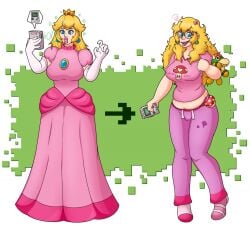 before_and_after blonde_hair braces breasts chubby crown dress drool earrings empty_eyes female female_only femsub glasses gloves happy_trance hypnotic_screen jewelry large_breasts mario_(series) midriff nerd nerdification nintendo opera_gloves princess princess_peach solo stuffed_animal super_mario_bros. transformation video_game xxcloneyxx