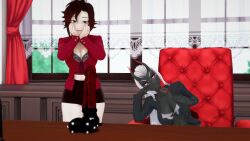 2girls arrancon black_hair black_hair_female clothed_female female female_only glasses golden_eyes horns kim_(arrancon_grimmed) long_hair long_hair_female monster_dildo monster_girl multiple_girls red_highlights ruby_rose rwby silver_eyes white_hair white_hair_female