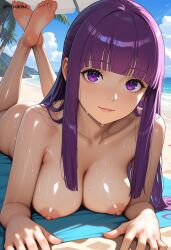 1girls ai_generated beach beach_towel beach_umbrella big_ass big_breasts clitoral_hood clitoris closed_mouth completely_nude depth_of_field dtkai fern_(sousou_no_frieren) foreshortening frieren frieren_beyond_journey's_end head_on_arm head_rest large_ass large_breasts looking_at_viewer nipples ocean oiled on_beach_towel on_stomach outside palm_tree perspective purple_eyes purple_hair pussy pussy_juice sand sea sousou_no_frieren sun sweat sweet the_pose toes vagina wet