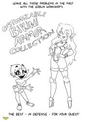 2girls barefoot bikini_armor comic commercial dialogue dnd dungeons_and_dragons earrings elf elf_ears female female_focus female_only goblin goblin_girl half_dressed half_naked high_heels long_hair looking_at_viewer no_color pointy_ears short_shorts shorts sketch talking_to_viewer thighhigh_boots wavy_hair xierra099