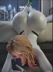 3d arched_back bedroom big_ass blonde_hair gwen_stacy half-closed_eyes huge_ass marvel phone selfie showing_off slim_waist smile spider-man_(series)