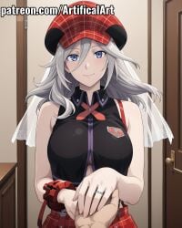 1boy 1girls ai_generated alisa_ilinichina_amiella artifical_art big_breasts blue_eyes breasts bride cabbie_hat female first_person_view god_eater god_eater_burst hair_between_eyes hat light-skinned_female light_skin male plaid_hat plaid_skirt pov red_hat red_skirt russian_girl sleeveless sleeveless_shirt sliver_hair watermark young_female