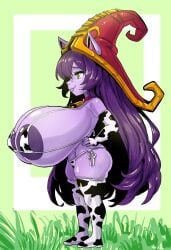 1girls aerolae bell_collar big_breasts bikini breasts cow_print cow_print_bikini cow_print_thighhighs female green_eyes huge_breasts lulu_the_fae_sorceress massive_breasts micro_bikini purple_hair purple_skin shortstack smug smug_face straight_hair string_bikini tagme tank_top thick_thighs thighs yordle