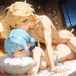 1b1boy 1boy 1girls aether_(genshin_impact) ai_generated android bed bedroom doggy_style fat_ass female from_behind genitals genshin_impact holding horny_female ineffa_(genshin_impact) male mihoyo movement_lines naked pleasure_face shiro89 thick_thighs