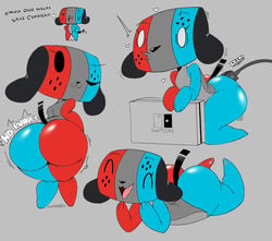 2017 3_fingers 3_toes :3 ambiguous_penetration animate_inanimate anthro ass beady_eyes big_butt black_nose blush canine closed_eyes colored edit english_text eyelashes fangs female floppy_ears happy heart hips kneeling looking_at_viewer looking_back lying mammal monochrome multiple_scenes nintendo nintendo_switch on_front one_eye_closed open_mouth paws penetration pose posing purple_yoshi_draws rear_view seductive shortstack smile solo standing sweat switch_dog text thick_thighs thighs toes usb vandarte wide_hips wink