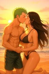 1boy1girl abs ai_generated anime anime_boy anime_girl anime_style babe beach beautiful_background beautiful_females belly_button big_breasts bikini black_swimsuit breasts brown_hair cana_alberona closed_eyes crossover crossover_shipping curvy fairy_tail female green_hair handsome holding_hands kissing kneeling male muscular muscular_male nipples one_piece passionate_couple pectorals pirate roronoa_zoro straw_hat_pirates sunset swordsman witch zoro_kiss_cana