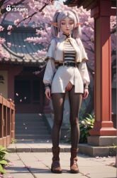 1girls ai_generated artist_name belt black_belt black_pantyhose boots breasts brown_footwear capelet cherry_blossoms cleft_of_venus closed_eyes crotchless dangle_earrings drop_earrings earrings elf facing_viewer female frieren frieren_beyond_journey's_end full_body grey_hair hi_res jewelry long_hair long_sleeves no_panties outdoors pantyhose parted_bangs petals pointy_ears pussy r34arts shirt solo sousou_no_frieren standing striped_clothes striped_shirt torn_clothes torn_pantyhose twintails uncensored white_hair white_skirt