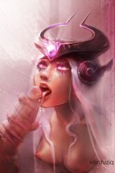 areolae breasts erection fellatio female handjob league_of_legends male nipples open_mouth oral penis straight syndra tongue tongue_out vantuziq