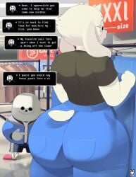 1boy 1girls aerth anthro ass ass_focus big_ass bottom_heavy bubble_butt clothing_store deltarune fat_ass female female_focus furry gluteal_fold huge_ass indoors jacket jeans large_ass male massive_ass milf png pointing pointing_at_another rear_view sans shirt shorts skeleton text text_box thick_ass thick_thighs thunder_thighs toriel undertale undertale_(series) wide_hips