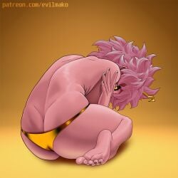1girl ashido_mina ass ass_focus back bare_back bare_legs barefoot bent_over black_sclera boku_no_hero_academia bones_(company) feet from_behind gold_bikini gold_thong horns huge_ass legs mako_(artist) mina_ashido my_hero_academia no_bra pink_hair pink_skin shounen_jump soles teenager thong thong_bikini toes yellow_eyes