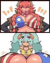 2girls american_flag_bikini artist_request bare_shoulders bead_necklace big_breasts bikini blue_eyes blue_hair blue_shorts braid braided_hair brazilian brazilian_miku breast_size_difference breasts cleavage confident cowboy_jacket dragon dragon_girl earrings female female_only flower flower_in_hair fringe_trim glasses glasses_on_head hair_between_eyes hair_flower hair_ornament hand_on_hip hatsune_miku hi_res horn horns huge_breasts jealous long_hair long_sleeves midriff necklace open_jacket pov red_hair scarf sidelocks size_difference smirk sunglasses sunglasses_on_head taller_female tan_body tied_shirt twintails virtual_youtuber vocaloid voluptuous western_jacket western_wear yellow_eyes yellow_shirt zentreya zentreya_(cowboy_bikini)