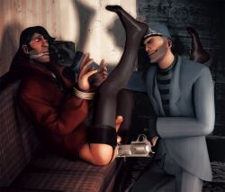 3d abel-dujardin anal anal_insertion arms_tied black_legwear blush bottomless clothed_male_partially_nude_male erection gagged gay gay_sex gloves gun_in_ass long_hair_male lube lube_drip male male/male male_only no_mask object_in_ass object_insertion penis precum sfm sniper_(team_fortress_2) source_filmmaker spy_(team_fortress_2) team_fortress_2 thighhighs touching_face wig yaoi