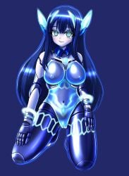 absurdres axis005vr body_modification breasts commentary_request corruption cyborg dark_persona error_gray female hair_between_eyes highres large_breasts light_smile long_hair mechanical_ears mechanization meme navel neta nipples pelvic_curtain realdoll sex_doll smile solo