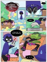 1boy 1girls ass baecohn beast_boy bodysuit book cameltoe cloak clothing comic dc dc_comics exposed_penis female footwear green_eyes grey_skin human indoors jewel_on_forehead male outdoors page_2 pale_skin penis penis_out rachel_roth raven_(dc) searching sleeping teen_titans teen_titans_go