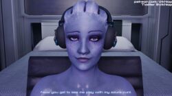 3d asari collarbone colored_skin computer female head-mounted_display headphones indoors keyboard_(computer) laptop lips mass_effect monitor nose pillow purple_skin realistic solo vikhlop watermark web_address