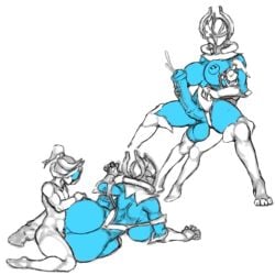 1boy 1futa big_ass big_breasts big_penis bigger_futa breast breasts cum femboy femboy_on_futa futa_is_bigger futanari hacking_piece hung_bottom intersex male male_on_futa masturbating_while_penetrated oc on_side original_character penis reverse_cowgirl_position small_penetrator_big_penetrated small_penis small_penis_adoration smaller_male tenno valkyr_(warframe) valkyr_heirloom_(warframe) warframe