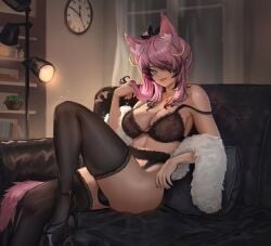 1futa 2025 absurd_res bent_leg black_highlights blue_eyes bra bulge cat_ears catgirl detailed_background earrings final_fantasy final_fantasy_xiv futa_only futanari hair_over_one_eye heels intersex lingerie long_hair looking_at_viewer miqo'te pink_hair playing_with_hair ronjou14 seductive sitting sitting_on_couch smiling smiling_at_viewer solo stockings tail zephyr_winds