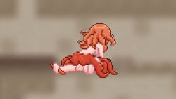 animated blonde_hair erection female gradient_background grey_background hair_ornament long_sleeves orange_hair penis pixel_art pleated_skirt red_skirt sex simple_background skirt solo testicles