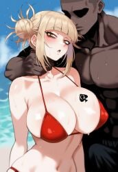 ai_generated bikini blonde_hair blush blush boku_no_hero_academia choking coomersucc dark-skinned_male dark_skin himiko_toga huge_breasts interracial large_breasts my_hero_academia queen_of_spades_tattoo tattoo tattoo_on_breast toga_himiko