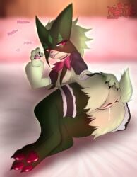 anthro anus ass astralia_(art) bed blep blush bodily_fluids breasts domestic_cat felid feline felis female fur furniture generation_9_pokemon genital_fluids genitals green_body green_fur hi_res mammal meowscarada nintendo nipples pawpads paws pokemon pokemon_(species) presenting presenting_anus presenting_vulva pussy solo solo_focus spread_butt spreading tail text tongue tongue_out vaginal_fluids vulva watermark