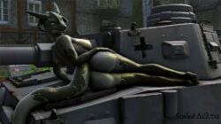 ass car female from_behind ground_vehicle machinery mecha military_vehicle motor_vehicle science_fiction short_hair solo