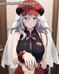1boy 1girls ai_generated alisa_ilinichina_amiella artifical_art big_breasts blue_eyes breasts bride cabbie_hat female first_person_view god_eater god_eater_burst hair_between_eyes hat light-skinned_female light_skin male plaid_hat plaid_skirt pov red_hat red_skirt russian_girl sleeveless sleeveless_shirt sliver_hair watermark young_female