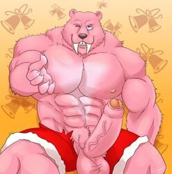 1boy 2020 5_fingers animal_ear animal_ears animal_humanoid animal_penis anthro anthro_only bara bear blue_eyes booster_(jingle_all_the_way) buff claws clothes_ripping erection fangs furry furry_ears furry_only hands-free happy jingle_all_the_way male male_only mammal mammal_humanoid miguel_okami muscles muscular muscular_male nipples no_humans penis penis_out pink_fur red_shorts shorts sitting sitting_down smile smiley_face smiling wink