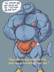 2018 anthro arm_hair barazoku biceps body_hair bulge chest_hair clothing dramamine english_text fish hairy heart male male_only male_pred marine muscular muscular_male navel nipples pecs shark shorts solo speech_bubble standing swedish_text text translated vein