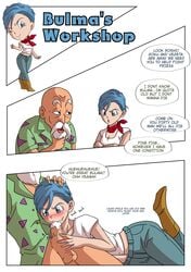 age_difference blowjob blue_eyes blue_hair blush boots bulma_briefs cum cum_in_mouth dialogue dragon_ball dragon_ball_super dragon_ball_z embarrassed english_text fellatio hand_in_pants hand_on_head master_roshi old_man oral recreator2099 saliva text