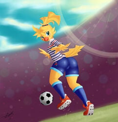 avian bird blue_eyes ettie female fifa looking_at_viewer mascot soccer solo yellow_feathers