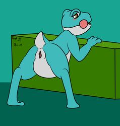 2016 3_fingers amphibian animal_crossing anthro anus arm_support ass bedroom_eyes bent_over biped blue_background blue_skin blue_tail blue_theme blush brown_eyes clitoris countershade_face countershade_tail countershade_torso countershading digitigrade female frog full-length_portrait half-closed_eyes lily_(animal_crossing) looking_at_viewer looking_back multicolored_skin nintendo nude open_mouth open_smile pink_pussy portrait presenting presenting_hindquarters presenting_pussy pussy rear_view seductive short_tail simple_background smile solo standing table telem two_tone_skin two_tone_tail video_games white_anus white_countershading white_skin white_tail