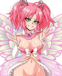 1girls 2018 abs blush bottomless butterfly_wings dress fairy female female_only green_eyes grin heart holding_panties huniepop kyu_sugardust lewdamone looking_at_viewer nipple_slip pantsu partially_clothed pink_hair smile solo wings